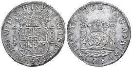 FERNANDO VI. 8 reales. 1754. Lima. JD. AR 25,78 g. 39,1 mm. VI-347. Rotura de cuño. Parte del cordoncillo sin acuñar. Erosiones marinas. Oxidaciones l...