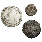 CARLOS III. Lote de 3 monedas: 4 reales Sevilla 1596; 1 real y 4 reales 1808 Potosí. BC+/MBC-.