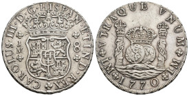 CARLOS III. 8 reales. 1770. Lima. JM. AR 26,85 g. 38,9 mm. VI-882. Resello oriental en anv. y rebaba por rotura de cuño en rev. EBC-/MBC+.