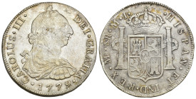 CARLOS III. 8 reales. 1779. Lima. MJ. AR 26,5 g. 39,5 mm. VI-895. Oxidaciones limpiadas en rev. MBC+/MBC-.