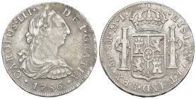 CARLOS III. 8 reales. 1786. Lima. VI. AR 26,74 g. 39,6 mm. VI-903. MBC-/MBC.