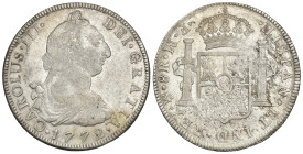 CARLOS III. 8 reales. 1772. México. FM. AR 26,95 g. 40 mm. VI-932. Vano en rev. MBC-