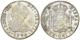 CARLOS III. 8 reales. 1774. México. FM. AR 26,82 g. 39,8 mm. VI-935. Oxidaciones limpiadas en rev. MBC-/MBC.
