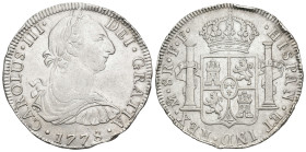 CARLOS III. 8 reales. 1778. México. FF. AR 26,82 g. 39,6 mm. VI-940. Fuertes golpes en canto. MBC+.