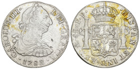 CARLOS III. 8 reales. 1782. México. FM. AR 26,55 g. 38,8 mm. VI-945. Plata agria. Oxidaciones limpiadas. Hojitas en anv. Golpecito en canto. MBC.