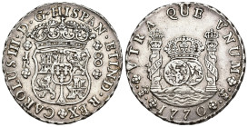 CARLOS III. 8 reales. 1770. Potosí .JR. AR 26,89 g. 39,1 mm. VI-977. MBC.