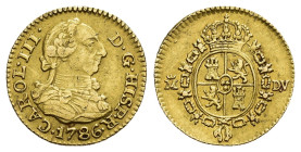 CARLOS III. 1/2 escudo. 1786. Madrid. DV. AU 1,76 g. 1,44 mm. VI-no. Ligeramente alabeada. MBC+.