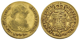CARLOS III. 2 escudos. 1777. Madrid PJ. AU 6,65 g. 22,1 mm. VI-1289. Hojitas en anv. MBC-/MBC.