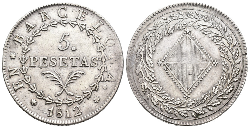 OCUPACIÓN NAPOLEÓNICA DE CATALUÑA. 5 pesetas. 1812. Barcelona AR 27,01 g. 39,7 m...