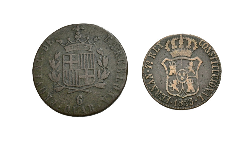 FERNANDO VII. Lote de 2 monedas: 3 y 6 cuartos. Barcelona. 1823. MBC-/MBC.