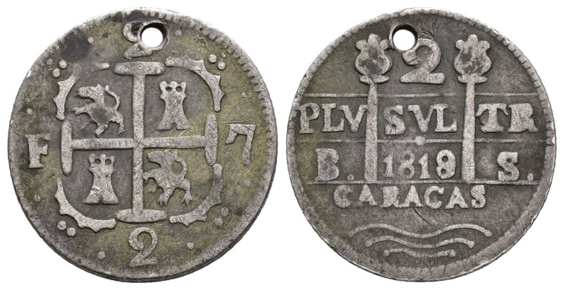 FERNANDO VII. 2 reales. Caracas. 1818. BS. AR 4,6 g. 23,7 mm. VI-611. Agujero y ...