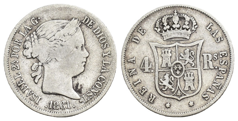 ISABEL II. 4 reales. Madrid. 1861. AR 5,03 g. 23,3 mm. VI-399. MBC-. Escasa.