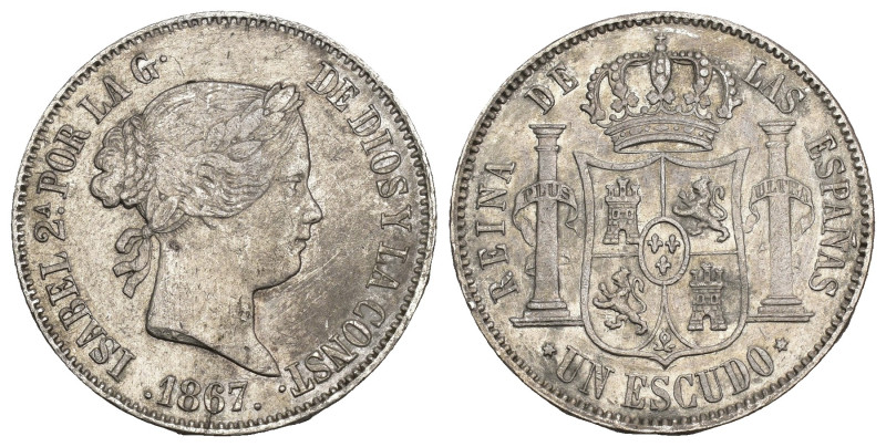 ISABEL II. 1 escudo. Madrid. 1867. AU 12,97 g. 29,6 mm. VI-481. Finas rayas. MBC...