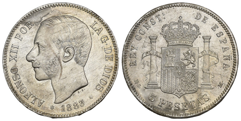 ALFONSO XII. 5 pesetas. 1883.MSM. AR 24,92 g. 37,5 mm. VII-89. Múltiples pequeña...