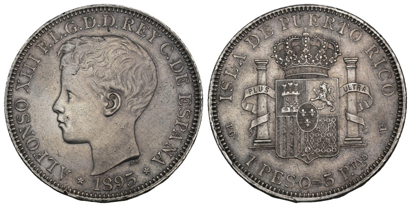 ALFONSO XIII. 1 peso. 1895.PGV. AR 24,9 g. 37,4 mm. VII-193. Golpecito en gráfil...