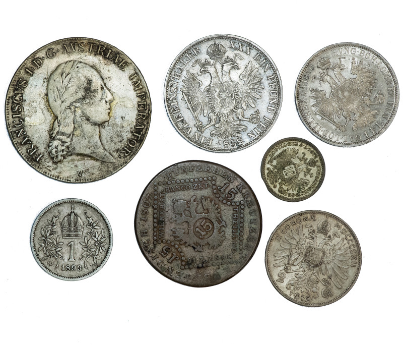 AUSTRIA. Lote de 7 monedas: 15 kreutzer 1807; tálero 1818; Vereinsthaler 1858; 2...