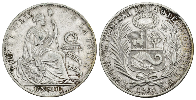 PERÚ. Sol. Lima. 1393 ERROR por 1893. TF. AR 24,85 g. 36,8 mm. KM-196.26. Pequeñ...