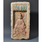 ARQUEOLOGÍA. CHINA. Dinastía Wei. Ladrillo con representación de Bodhisattva con su mano izquierda en varadamudra (184-283 d.C.). Terracota policromad...