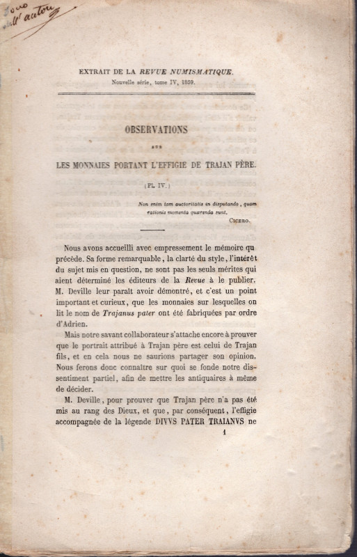 LONGPERIER A. - N° 1 Observation sur les monnaies portant l' effige de Trajan pè...