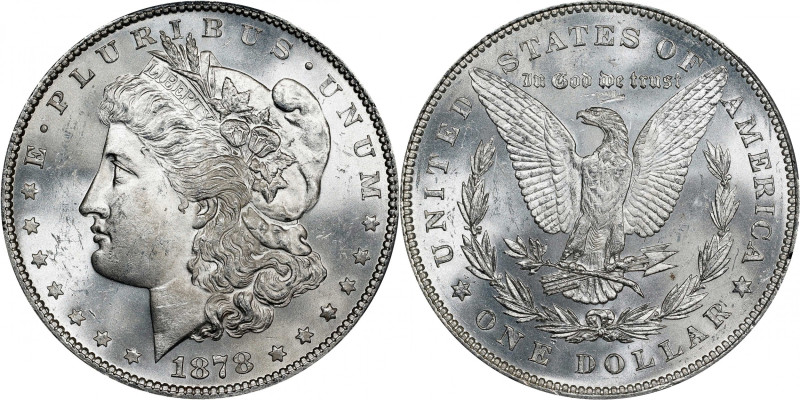 1878 Morgan Silver Dollar. 7 Tailfeathers. Reverse of 1878. MS-63 (PCGS).
PCGS#...