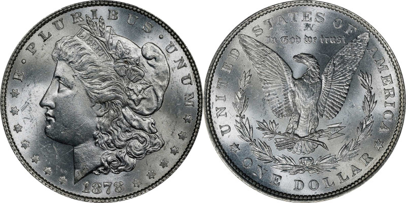 1878 Morgan Silver Dollar. 7 Tailfeathers. Reverse of 1879. MS-63 (PCGS).
PCGS#...