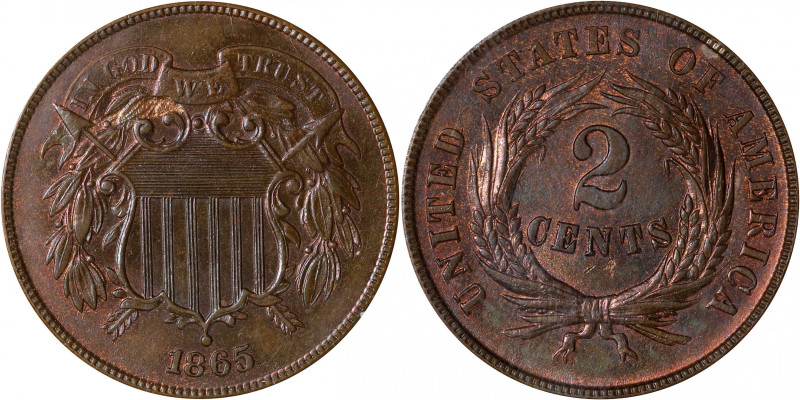 1865 Two-Cent Piece. Plain 5. MS-63 RB (PCGS). OGH Generation 1.2 Rattler.
PCGS...