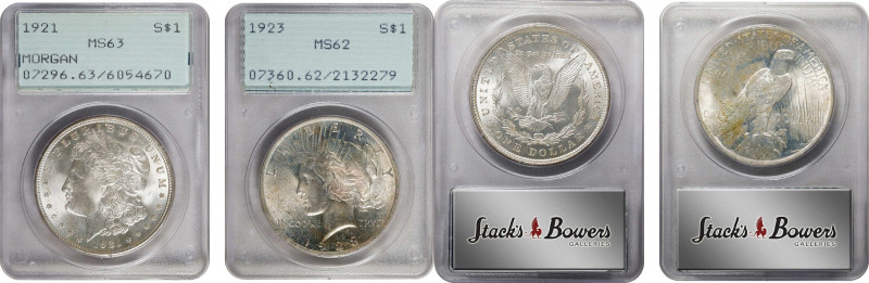 Lot of (2) Mint State Morgan and Peace Silver Dollars. (PCGS). OGH Generation 1....