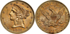 1881 Liberty Head Half Eagle. MS-62 (PCGS). Gold CAC. OGH Generation 1.2 Rattler.
PCGS# 8354. NGC ID: 25XD.