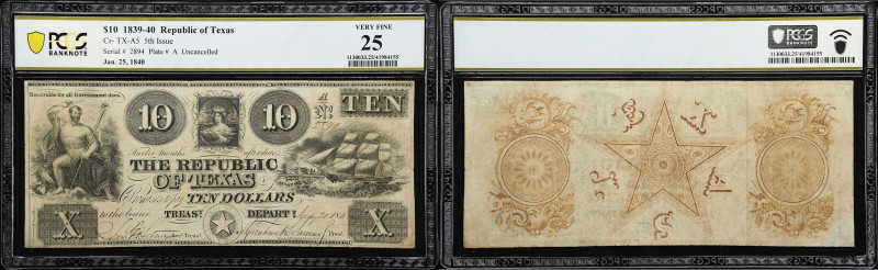 Austin, Texas. Republic of Texas. 1840 $10. PCGS Banknote Very Fine 25.
Moderat...