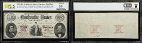 T-26. Confederate Currency. 1861 $10. PCGS Banknote Very Fine 30.
Bold and original mid-grade example, graded without comment by PCGS-Banknote, cut c...