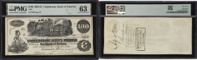 T-40. Confederate Currency. 1862 $100. PMG Choice Uncirculated 63.
Original and choice uncirculated C.S.A $100. Noted for Exceptional Paper Quality b...