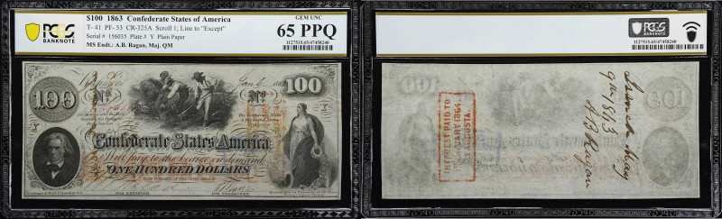 T-41. Confederate Currency. 1863 $100. PCGS Banknote Gem Uncirculated 65 PPQ.
A...