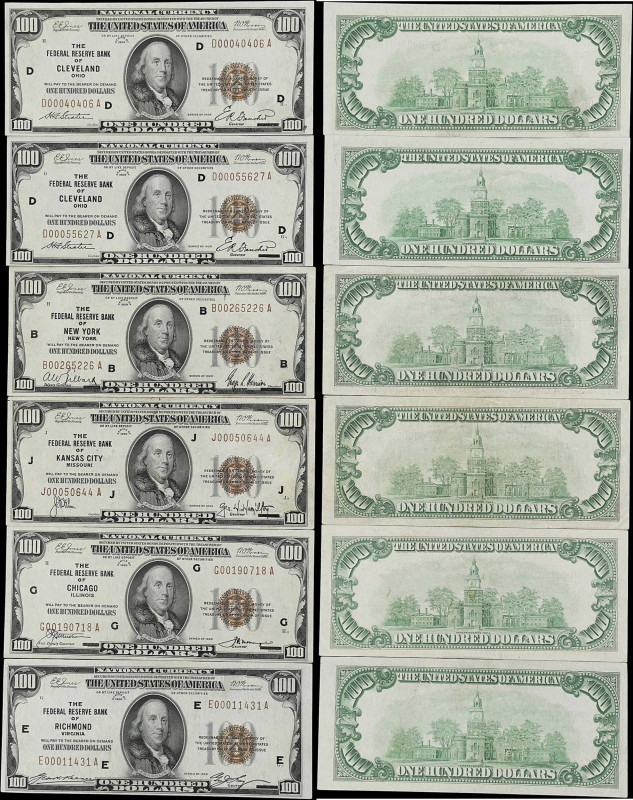 Lot of (6) Fr. 1890-B, 1890-D, 1890-E, 1890-G & 1890-J. 1929 $100 Federal Reserv...