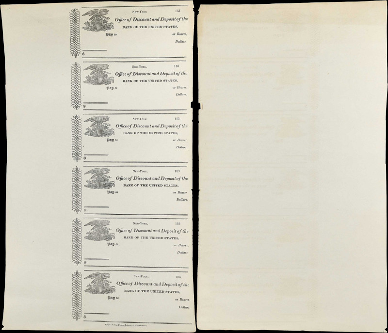 Uncut Sheet of (6) Office of Discount & Deposit of the Bank of the United States...