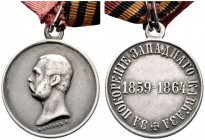  HISTORISCHE MEDAILLEN   SCHÜTZENMEDAILLEN   RUSSLAND   Alexander II. 1855-1881   (D) AR-Medaille (am Band) von N. Kozin. , Auf die Unterwerfung von W...