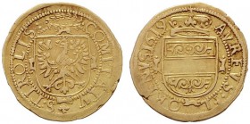  RÖMISCH DEUTSCHES REICH   Interregnum - Tirol 1618/1619   (E) Goldgulden 1616, Hall (3,18 g); M.-T.:401, Morosini:750 var.  Gold RRR s.sch.+