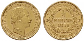 ÖSTERREICHISCHES KAISERREICH   Franz Joseph 1848-1916   (D) 1/2 Vereinskrone 1858 A  Gold  vzgl.