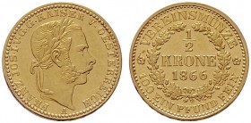  ÖSTERREICHISCHES KAISERREICH   Franz Joseph 1848-1916   (D) 1/2 Vereinskrone 1866 A  Gold R s.sch./vzgl.