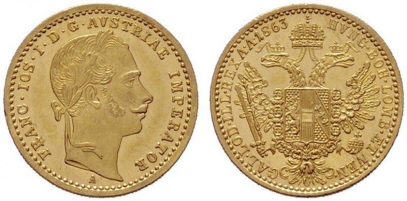  ÖSTERREICHISCHES KAISERREICH   Franz Joseph 1848-1916   (B) Dukat 1863 A  Gold ...
