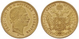  ÖSTERREICHISCHES KAISERREICH   Franz Joseph 1848-1916   (B) Dukat 1863 A  Gold  vzgl.