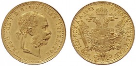 ÖSTERREICHISCHES KAISERREICH   Franz Joseph 1848-1916   (B) Dukat 1873  Gold  vzgl.