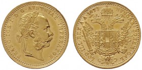  ÖSTERREICHISCHES KAISERREICH   Franz Joseph 1848-1916   (B) Dukat 1873; kl. Kratzer  Gold  f.vzgl.