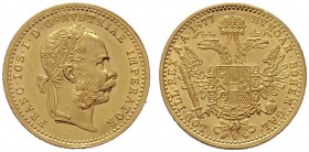  ÖSTERREICHISCHES KAISERREICH   Franz Joseph 1848-1916   (B) Dukat 1877  Gold  vzgl./stplfr.