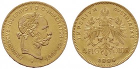  ÖSTERREICHISCHES KAISERREICH   Franz Joseph 1848-1916   (B) 4 Fl.- 10 Fr. 1885  Gold  vzgl.