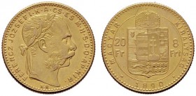  ÖSTERREICHISCHES KAISERREICH   Franz Joseph 1848-1916   (B) 20 Fr. - 8 Frt. 1890 KB; mit Fiumewappen  Gold  f.vzgl.
