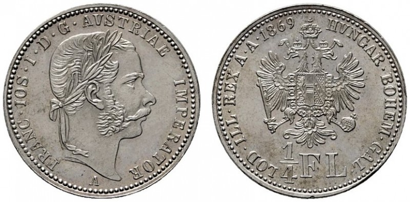  ÖSTERREICHISCHES KAISERREICH   Franz Joseph 1848-1916   (D) 1/4 Gulden 1869 A f...