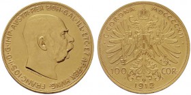  ÖSTERREICHISCHES KAISERREICH   Franz Joseph 1848-1916   (B) 100 Kronen 1912; minimale Henkelspur  Gold  vzgl.