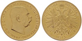  ÖSTERREICHISCHES KAISERREICH   Franz Joseph 1848-1916   (B) 100 Kronen 1913  Gold  vzgl+