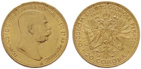  ÖSTERREICHISCHES KAISERREICH   Franz Joseph 1848-1916   (B) 20 Kronen 1848/1908; Krönungsjubiläum Av. leichter Kratzer am Kopf  Gold  f.vzgl.