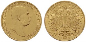  ÖSTERREICHISCHES KAISERREICH   Franz Joseph 1848-1916   (B) 20 Kronen 1909; Marschall  Gold  s.sch./vzgl.